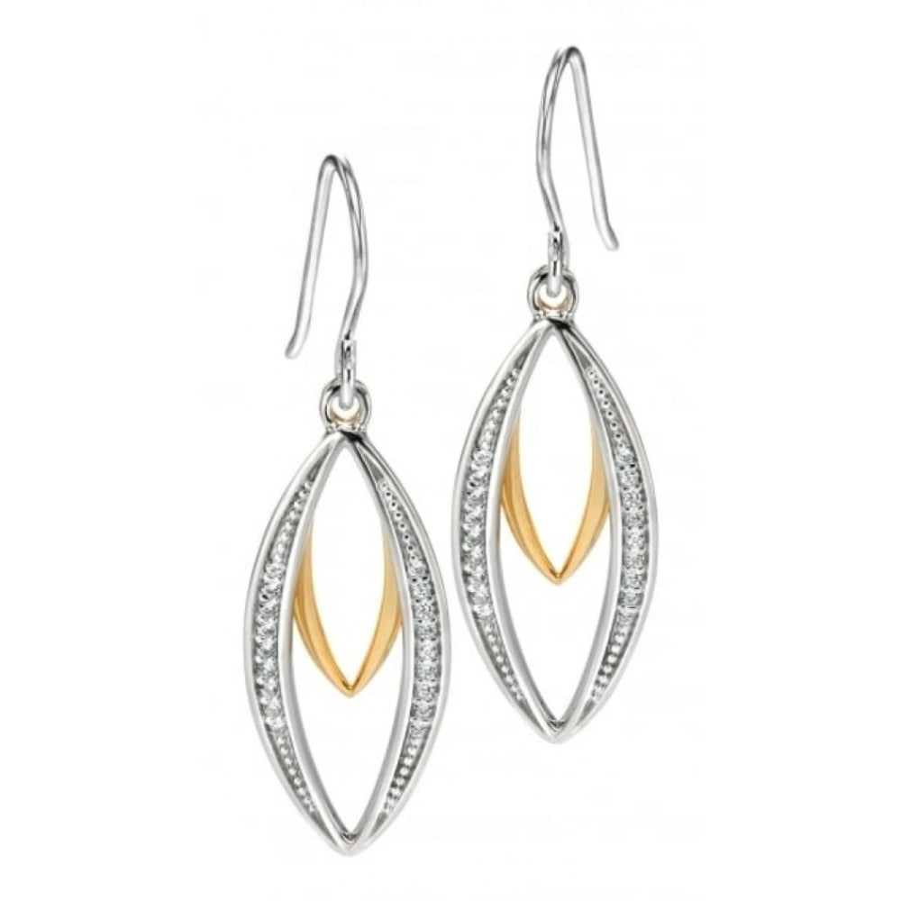 Silver And Yellow Gold Plated Double Marquise Dangly Earrings With CZ Pave