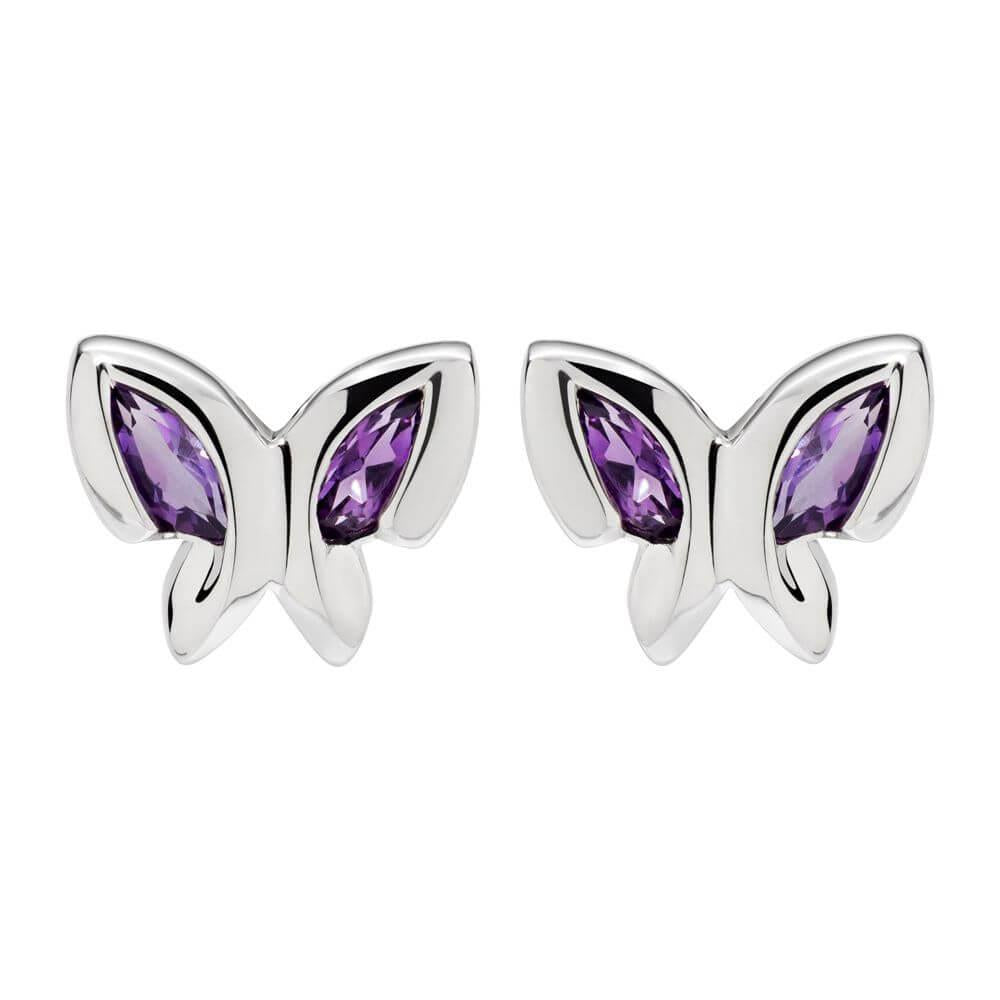 Amethyst Butterfly Silver Stud Earrings with Rhodium Plating