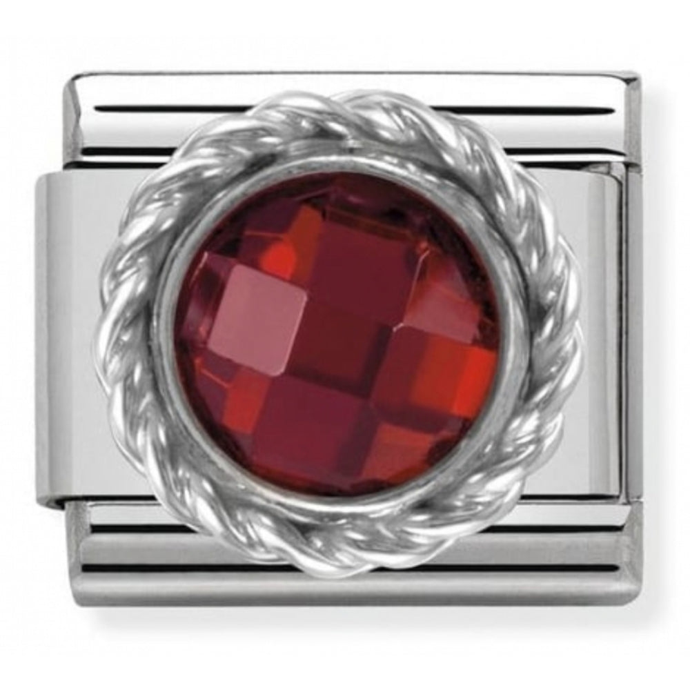 Classic Red CZ Round Faceted Stone In Stainless Steel & Twisted 925 Silver Detail Charm