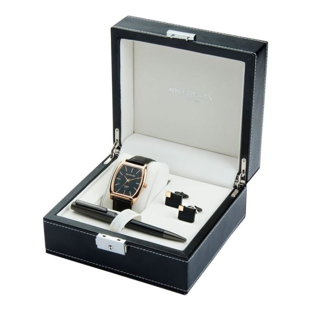 Men's Gift Set With Black Classic Watch, Ball Point Pen & Rectangular Cufflinks