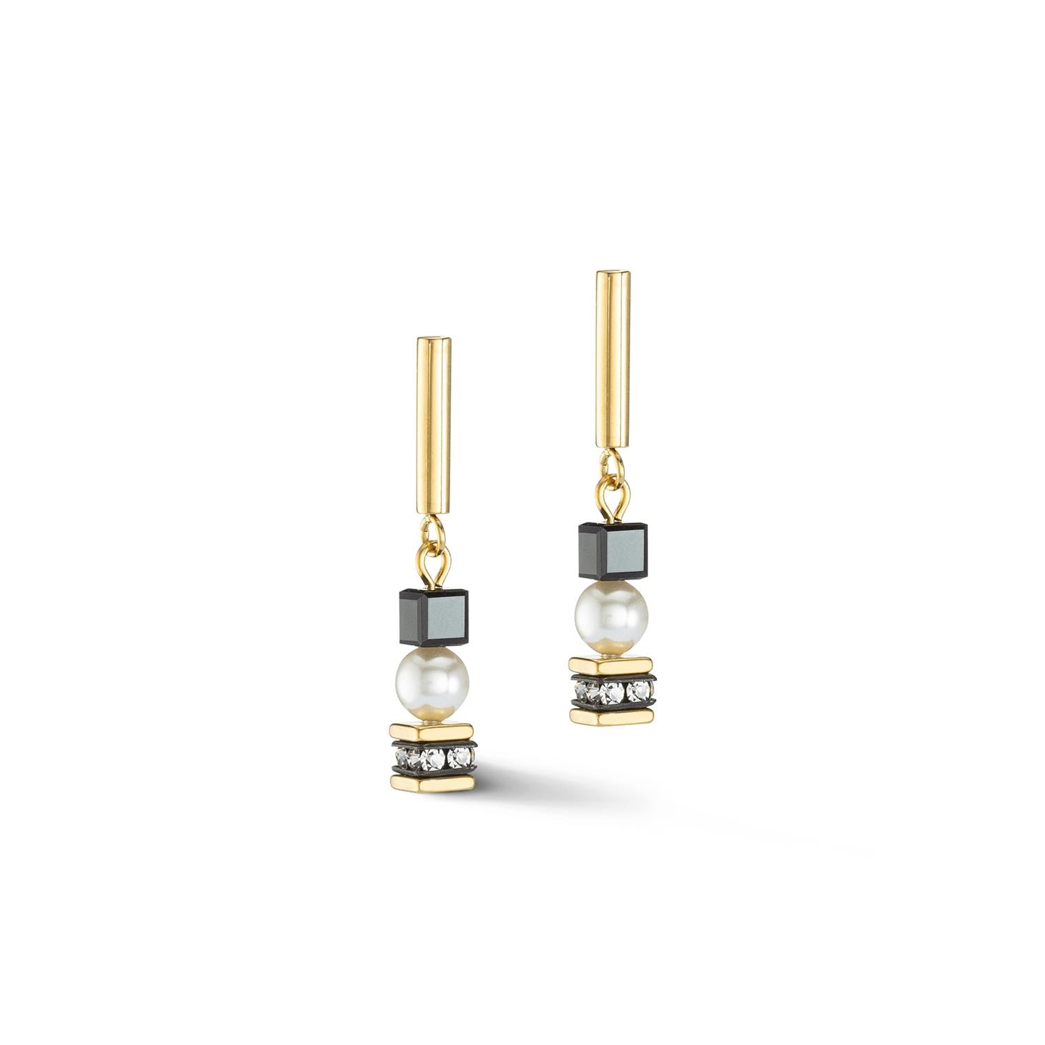 Mysterious Cubes & Pearls Gold Black Earrings