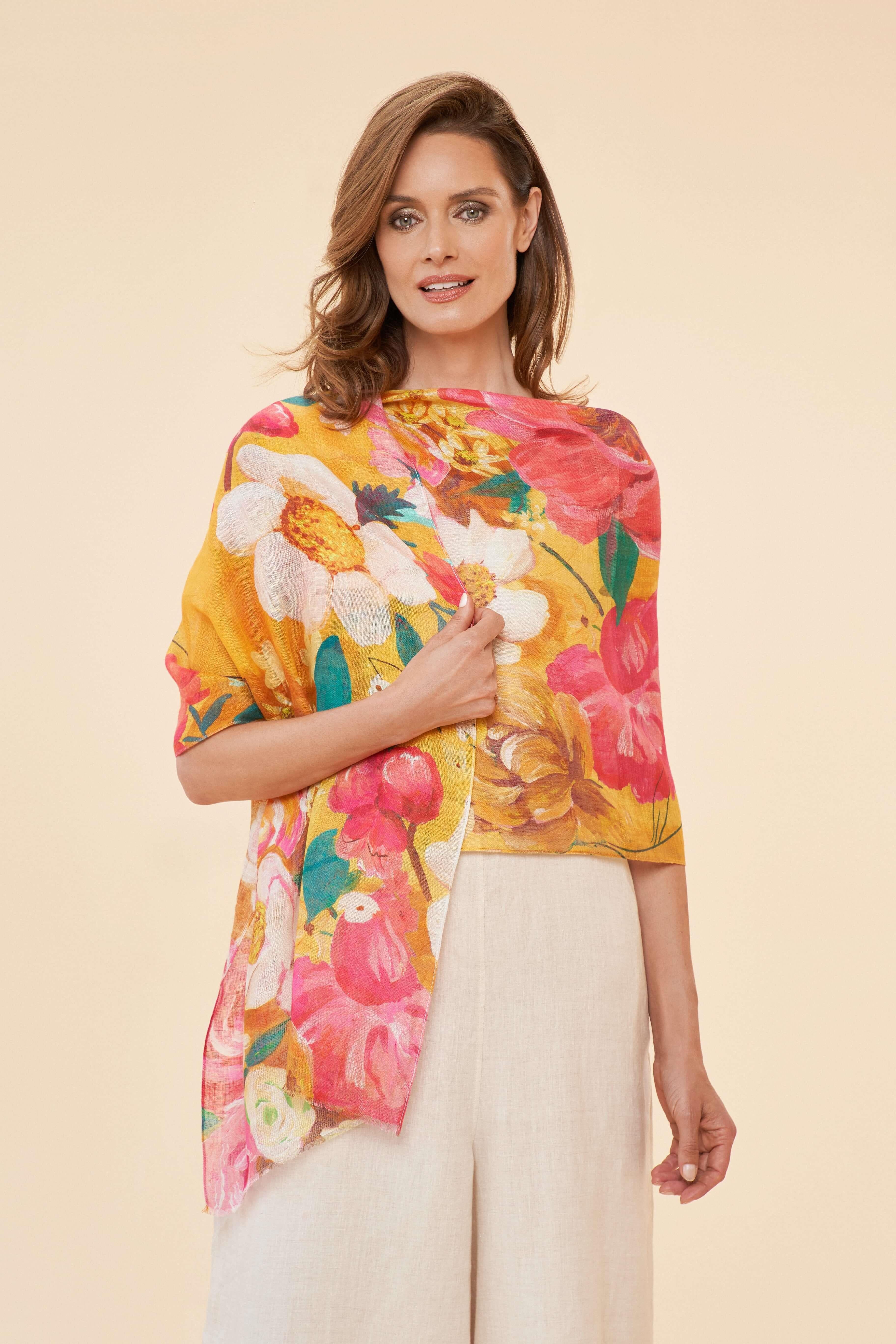 Impressionist Floral - Mustard Linen Print Scarf