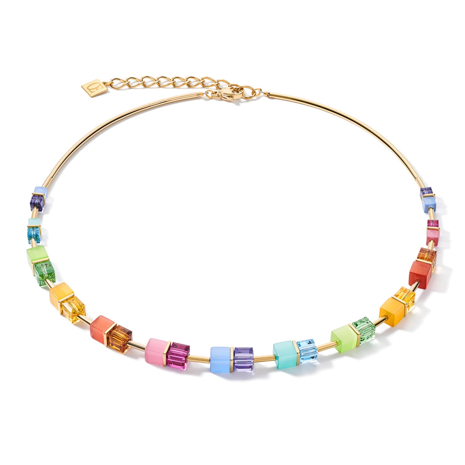 Multicolour Rainbow-Gold Geo Cube Necklace