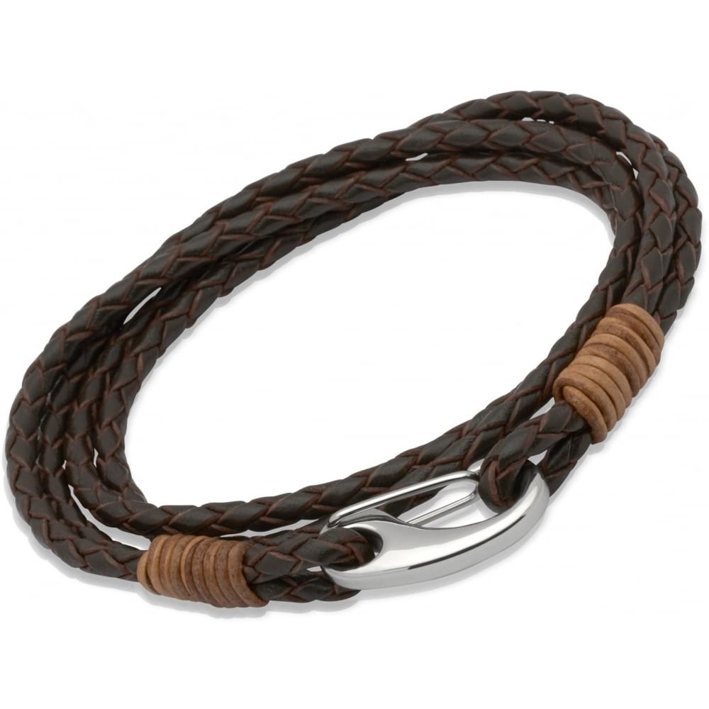 Dark Brown Leather Bracelet Steel Shrimp Clasp with Brown Binding