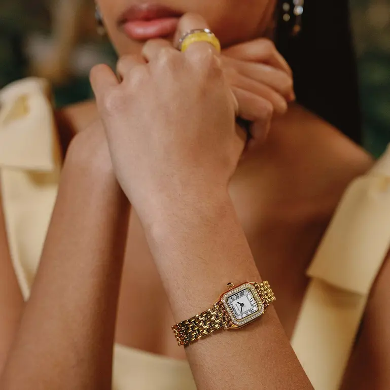 Monica Gold Plated Case & Bracelet With with Stone Set Bezel White Dial Ladies Watch