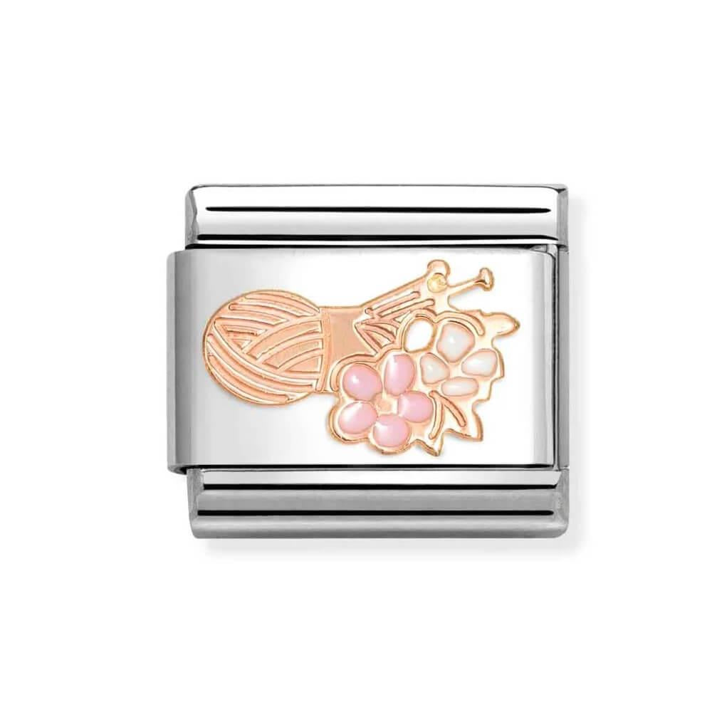 Composable Classic Link Wool & Knitting Needles With Flower Symbol In 9k RG & Enamel