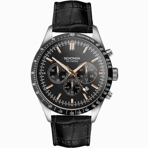 Velocity Chronograph Black Dial & Black Leather Strap Men's Watch