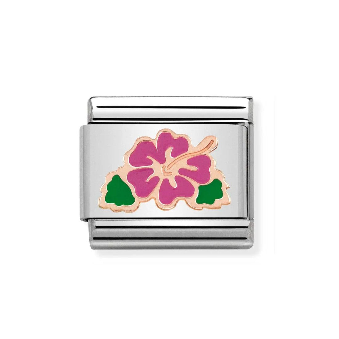 Composable Classic Steel, 9k Rose Gold & Fuchsia Hibiscus Flower Charm