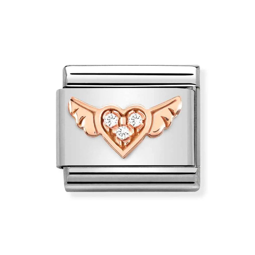 Classic Composable Link In 9K Rose Gold & CZ Heart With Wings Symbol