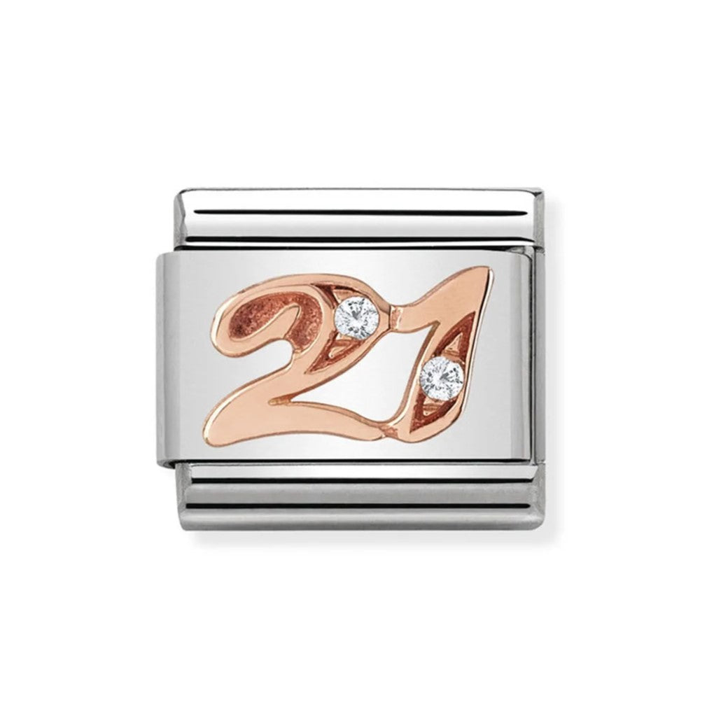 Classic Number 21 In Rose Gold, Steel & Zircon Charm