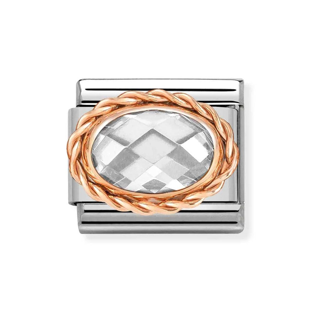 Composable Classic Stainless Steel Link With Oval Faceted White CZ & 9k Rose Gold