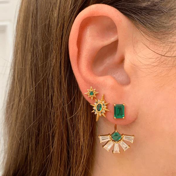 Lola Art Deco Fan Jacket Earrings In Emerald CZ & Gold