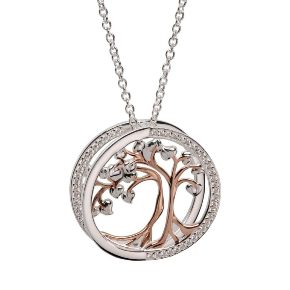 Silver 925 & Rose Gold Plated Tree of Life Circle With CZ Stones Necklace