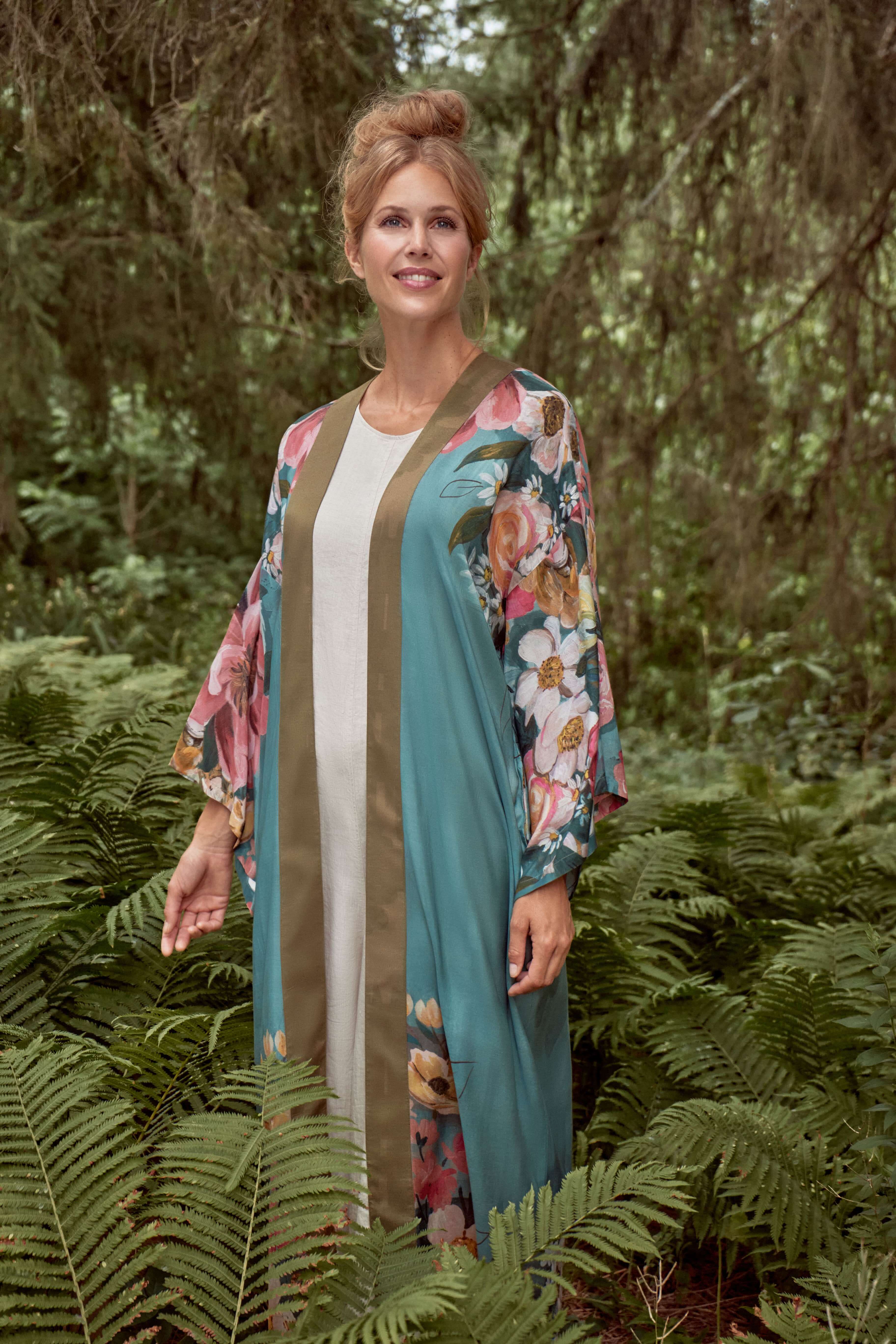 Impressionist Floral Kimono Gown - Teal