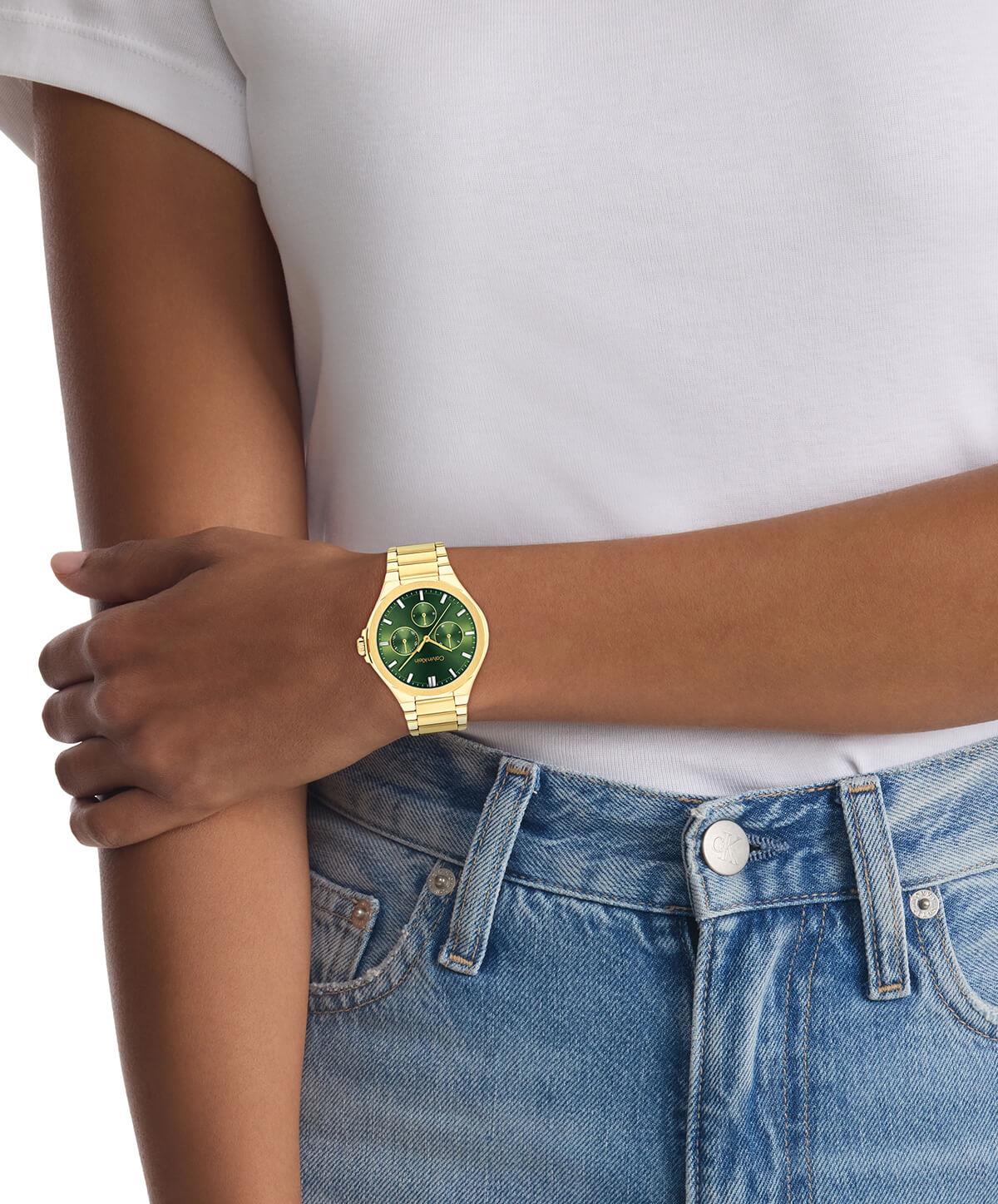Vibrancy Green Multifunctional Dial With Gold Plated Bracelet Strap Ladies Watch