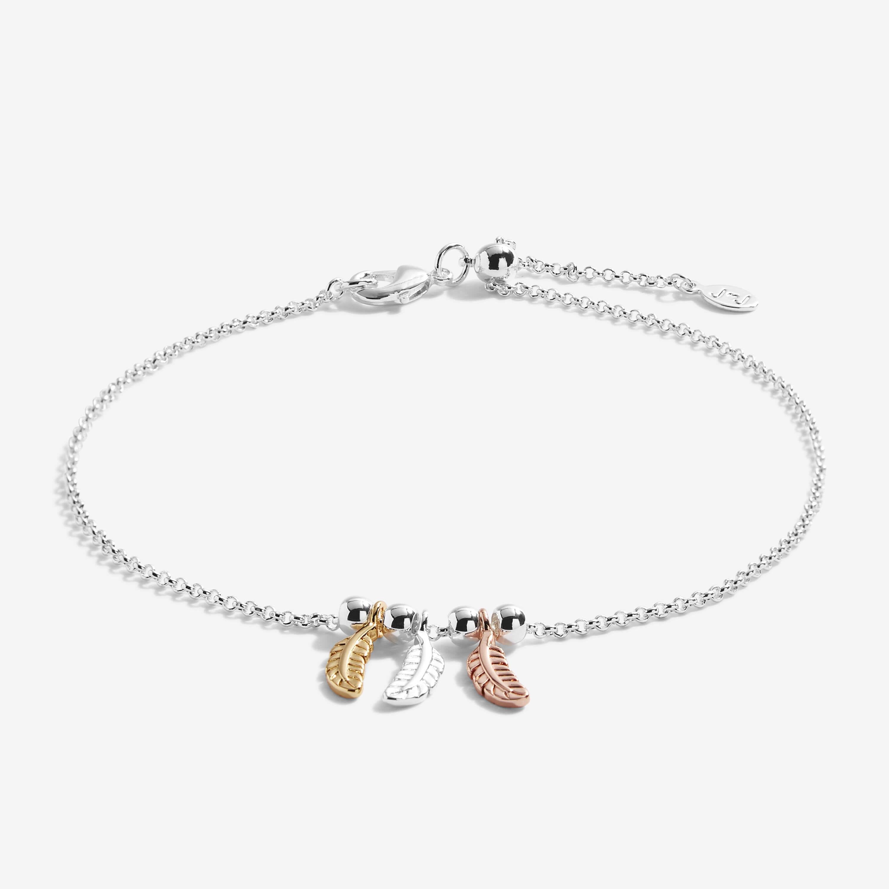 Anklet | Three Tone Feathers | Silver, Rose Gold And Gold | 26cm Adjustable