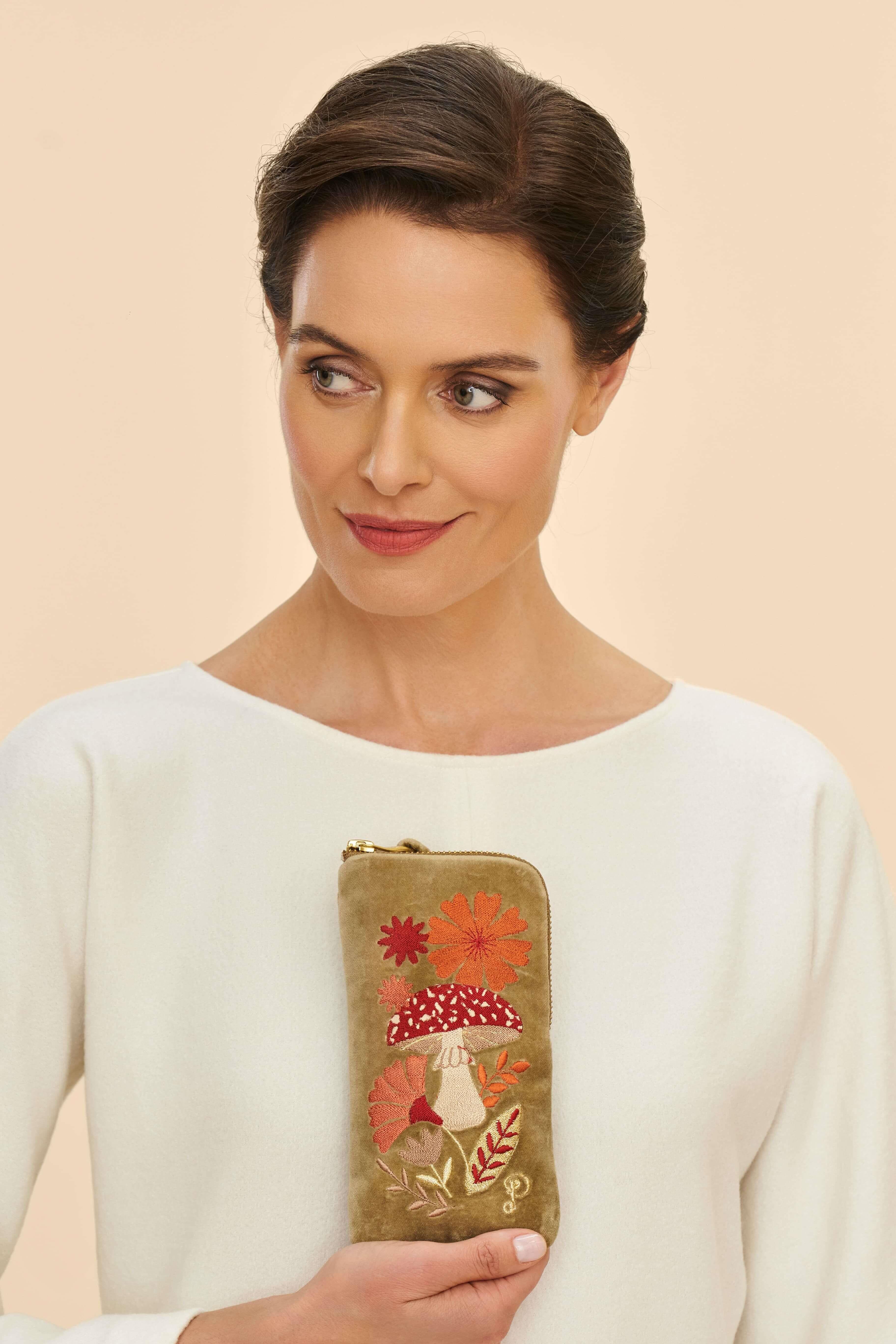 Velvet Embroidered Glasses Pouch - Tranquil Toadstool, Sage