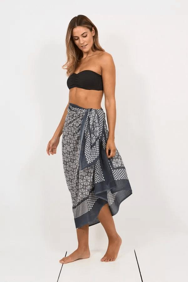 Hand Printed Cotton Sarong Tree Ring Charcoal