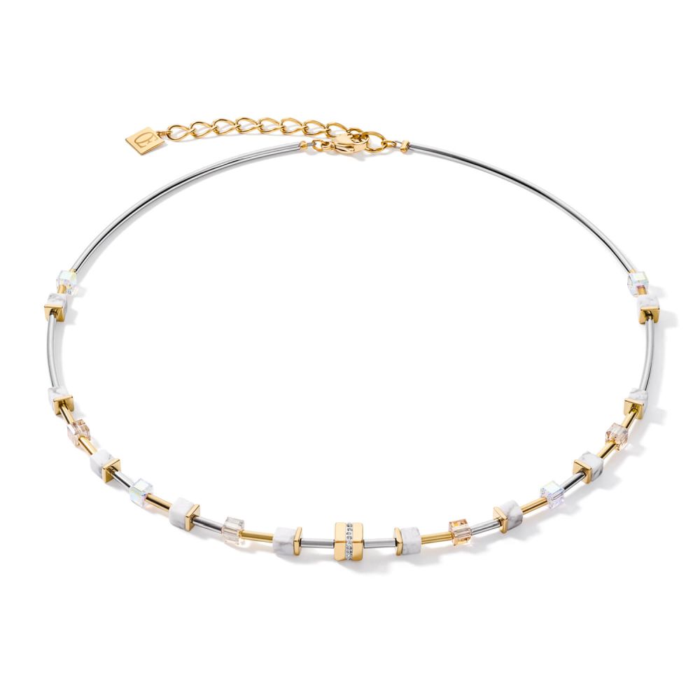 Small Gold -White-Silver Geo Cube With Crystals Pave Necklace