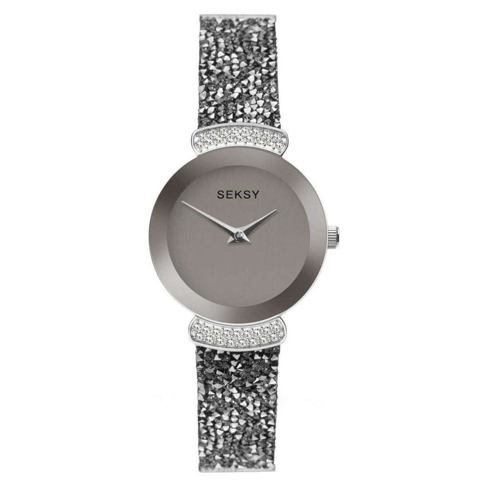 Rhodium Plated Stone Set Case With Grey Dial & Black Leather Strap With Crystals Ladies Watch