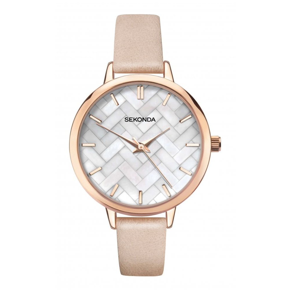 Rose Gold Plated Case With MOP Chequered Effect Dial & Pink PU Strap Ladies Watch
