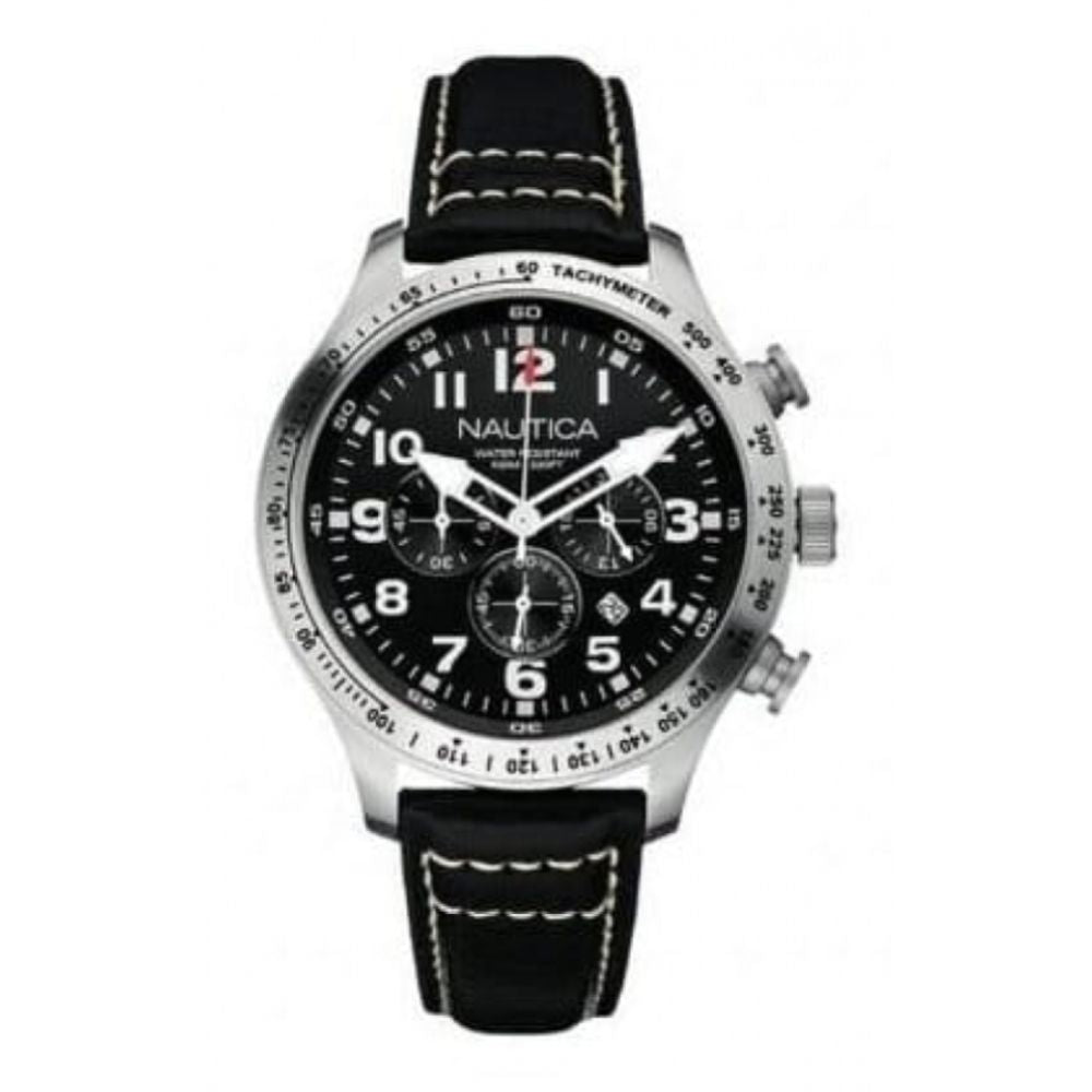 Trendy Large Chronograph Black Leather Wristwatch