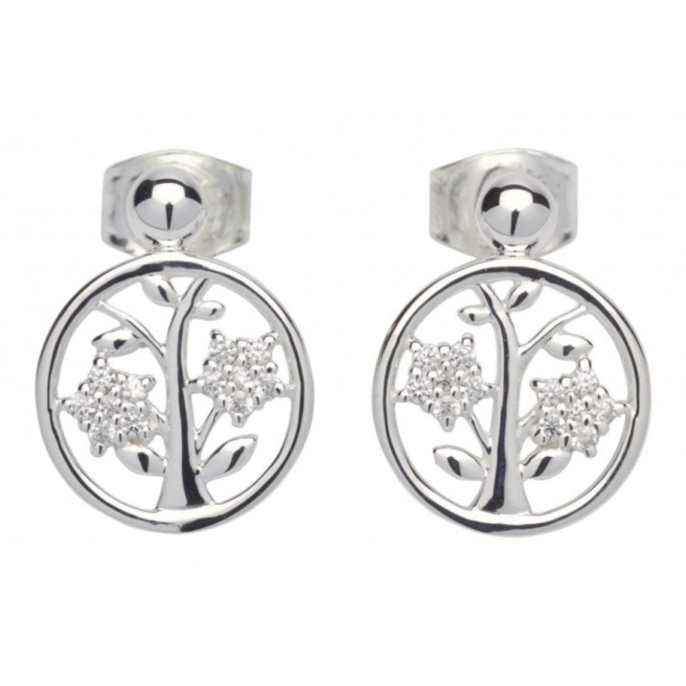 Sterling Silver 925 Earrings With CZ Tree Of Life Circle