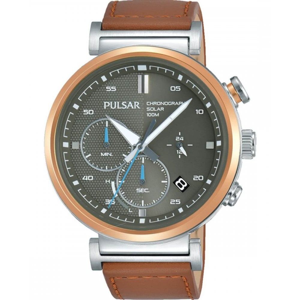 Gents Solar Powered Chronograph Watch In Rose Gold Tone Black Dial & Brown Strap