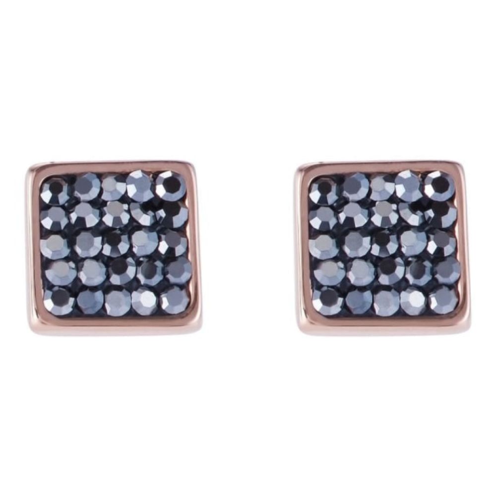 Rose Gold Plated Square Earrings with Stickpin & Smokey Grey Swarovski Crystals