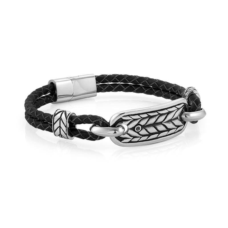 Instinct Marina Black Leather & Stainless Steel Rope Plate Mens Bracelet