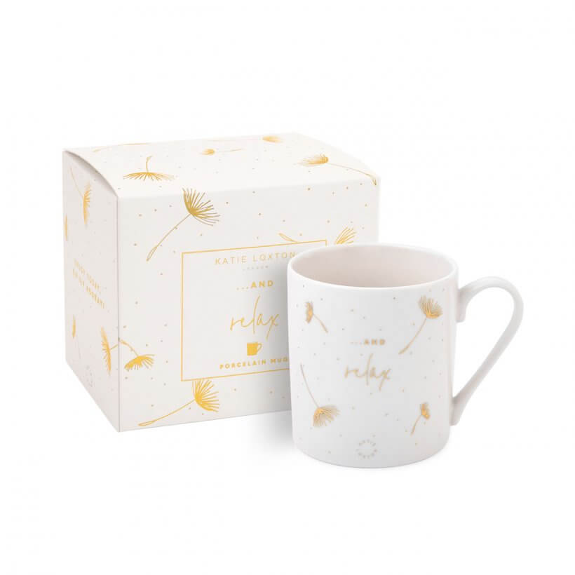 Boxed Porcelain Mug | And Relax | White And Gold