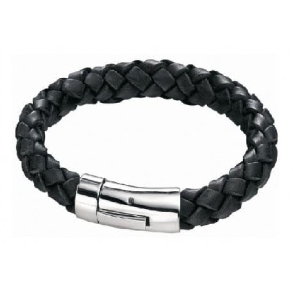 Thick Braided Black Leather Bracelet With Stainless Steel Clasp Bracelet