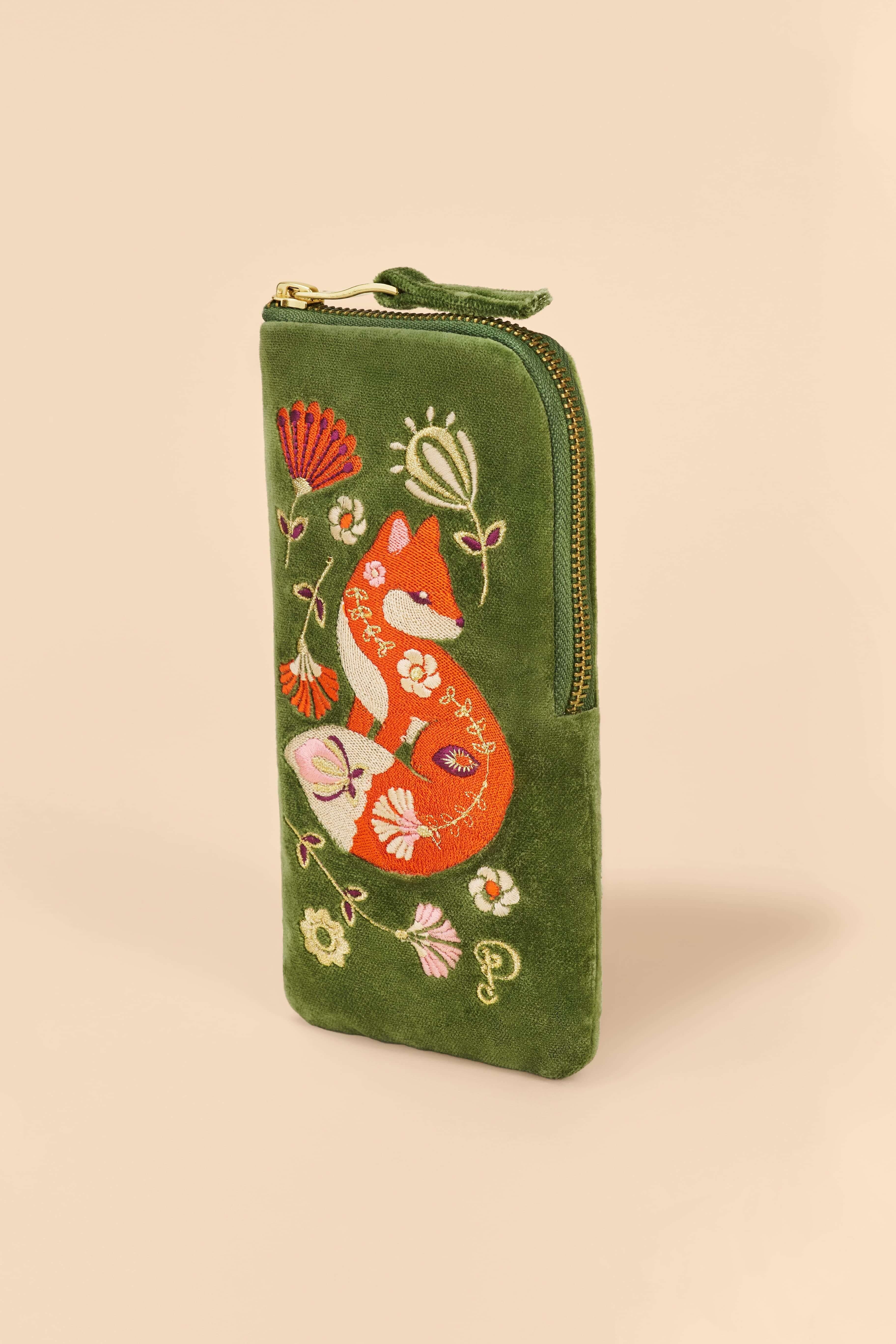 Velvet Embroidered Glasses Pouch - Scandinavian Fox
