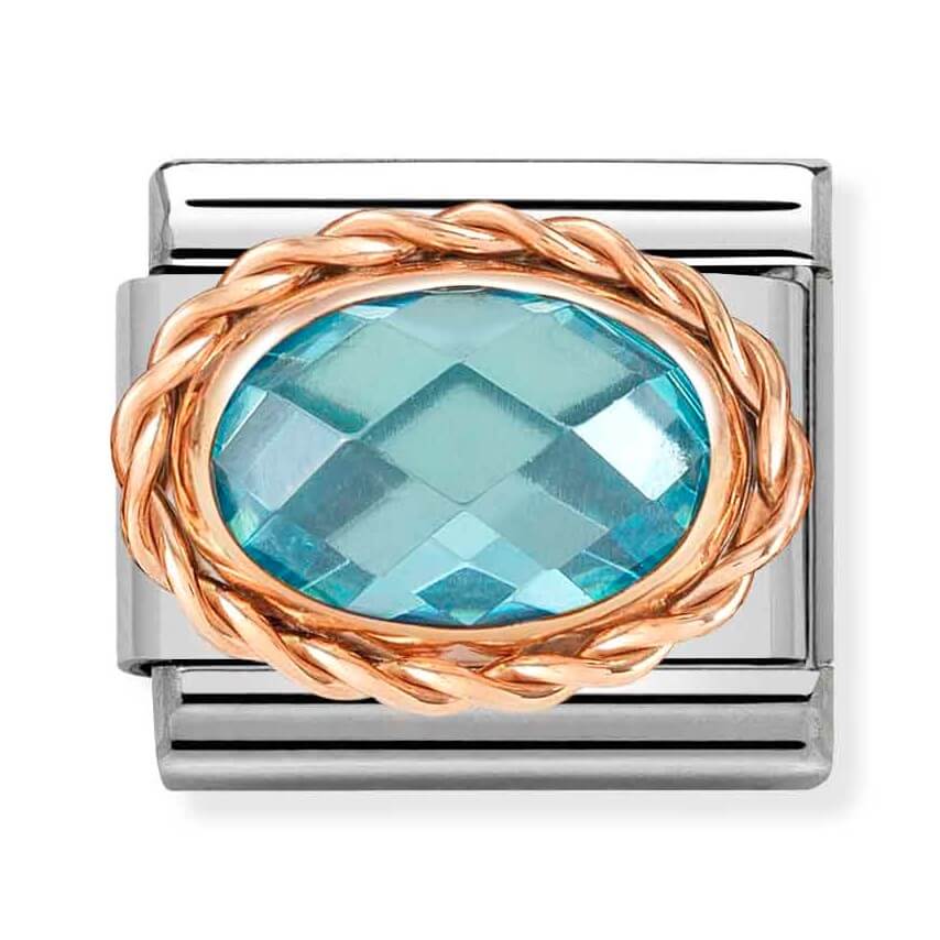 Composable Classic Stainless Steel Link With Oval Faceted Light Blue CZ & 9k Rose Gold