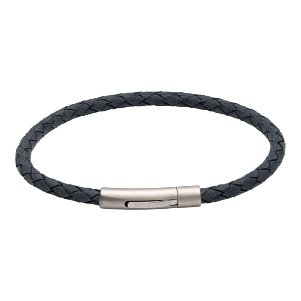 Antique Blue Leather Bracelet BL Edge with Matte/Polished Steel Clasp