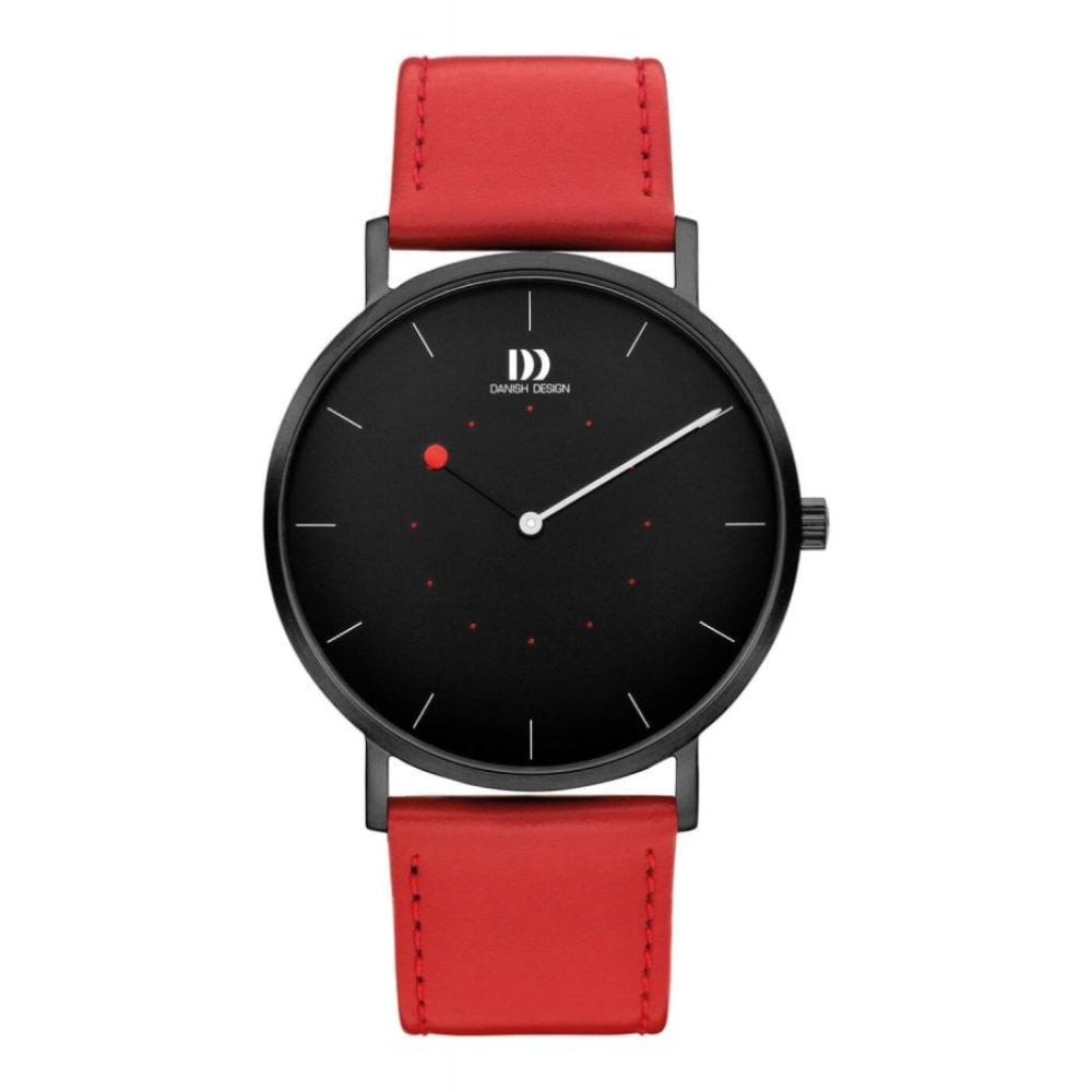 Gents Black Stainless Steel Red Leather Strap Watch