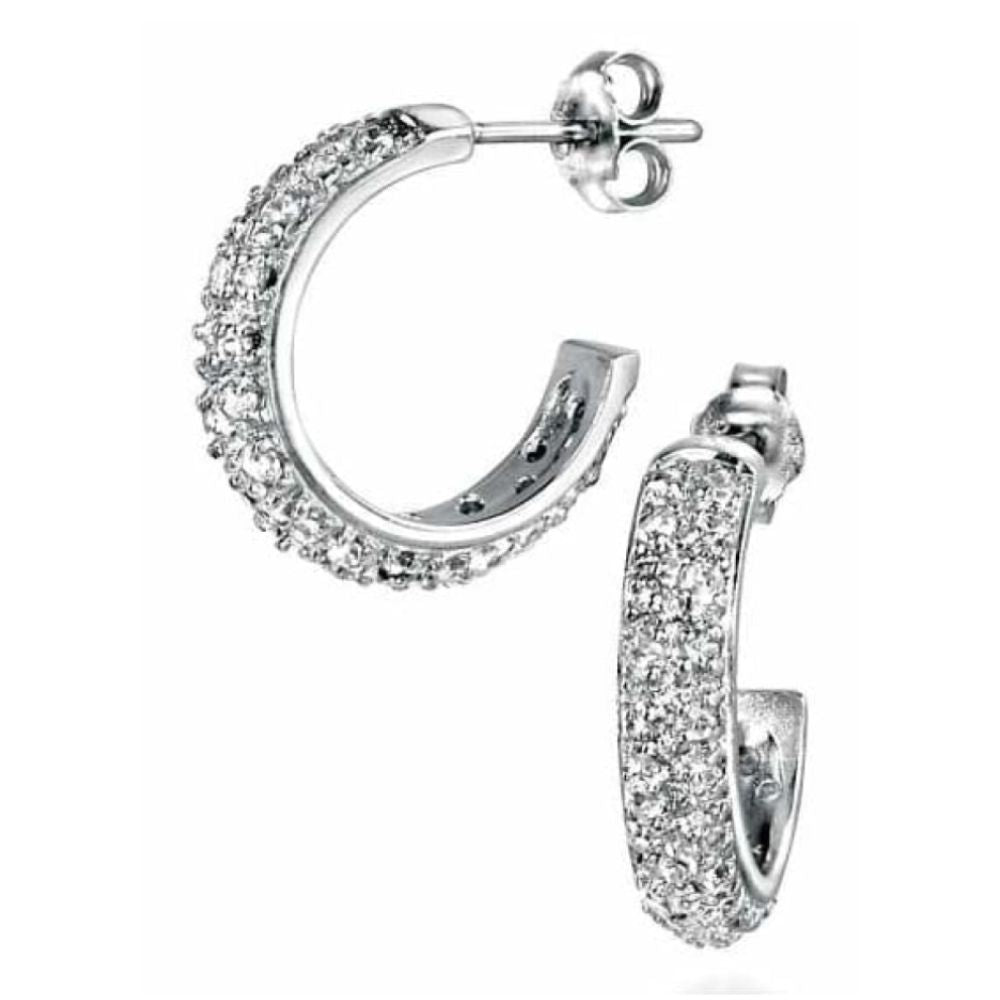 Ladies Cubic Zirconia Pave Silver Hoop Earrings