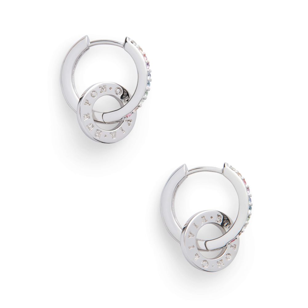 Bejewelled Rainbow Classic Rhodium Plated Huggie Hoops & Charms Earrings