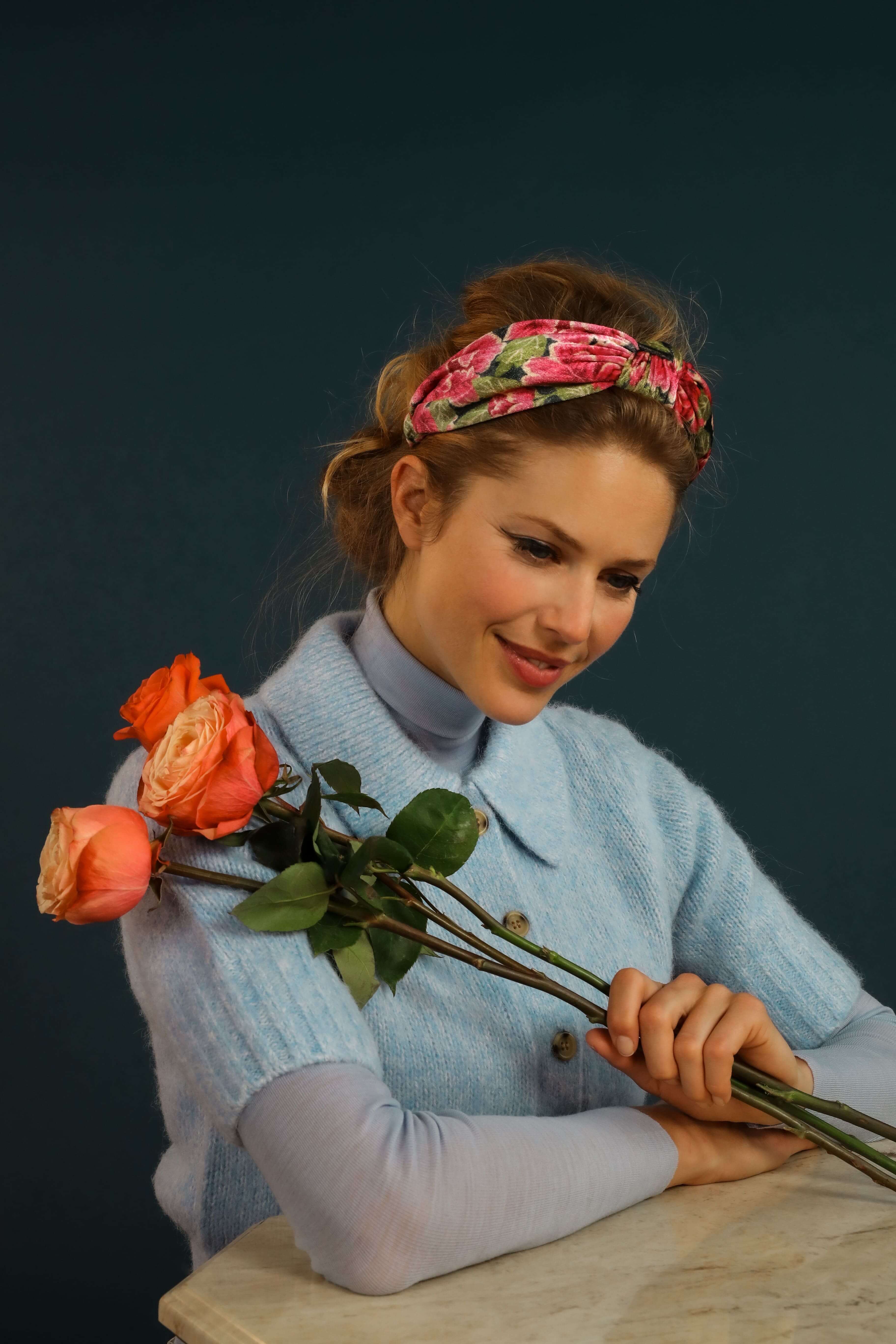 Printed Velvet Headband - Painted Peony