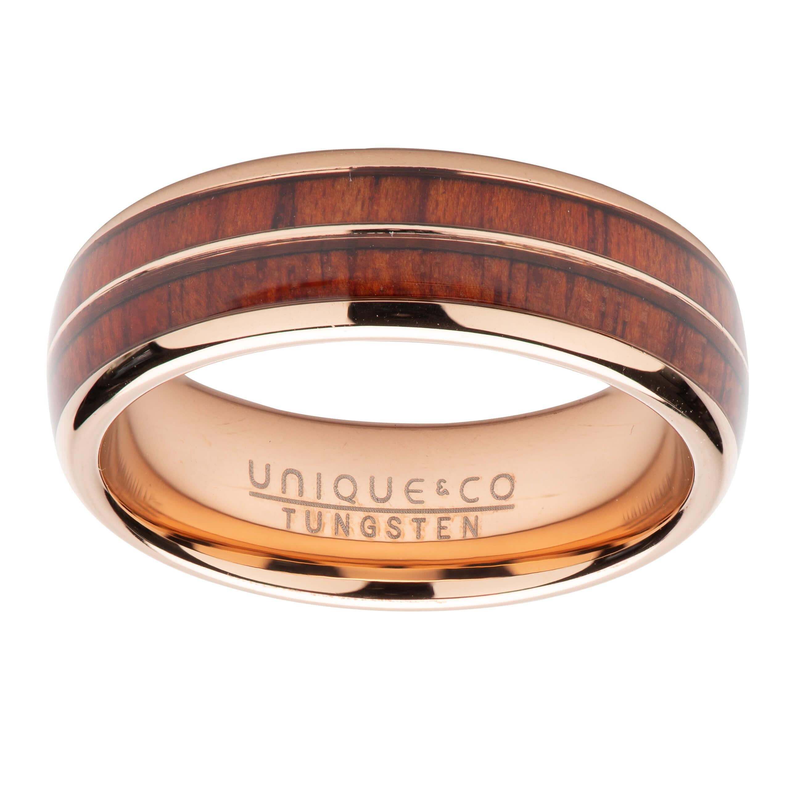 Wood Inlay & Rose IP 7mm Tungsten Carbide Ring