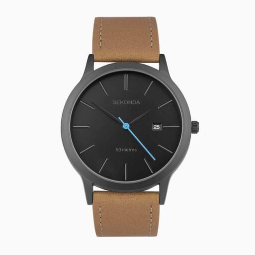 Bergen Black Dial With Black Alloy Case & Tan Leather Strap Men's Watch