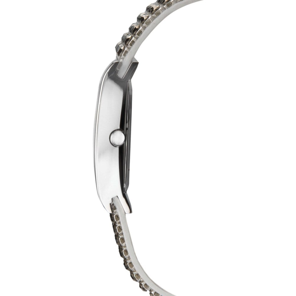 Shimmer Rhodium Plated Case With Grey Dial & White Leather Strap With Crystals Ladies Watch