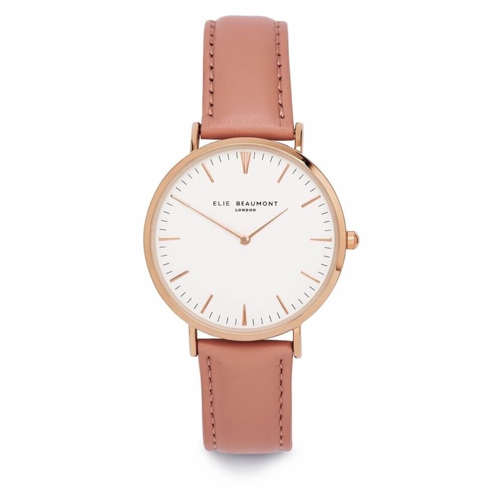 Pink Leather Rose Plated Watch with White Dial