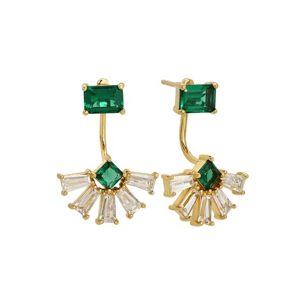 Lola Art Deco Fan Jacket Earrings In Emerald CZ & Gold