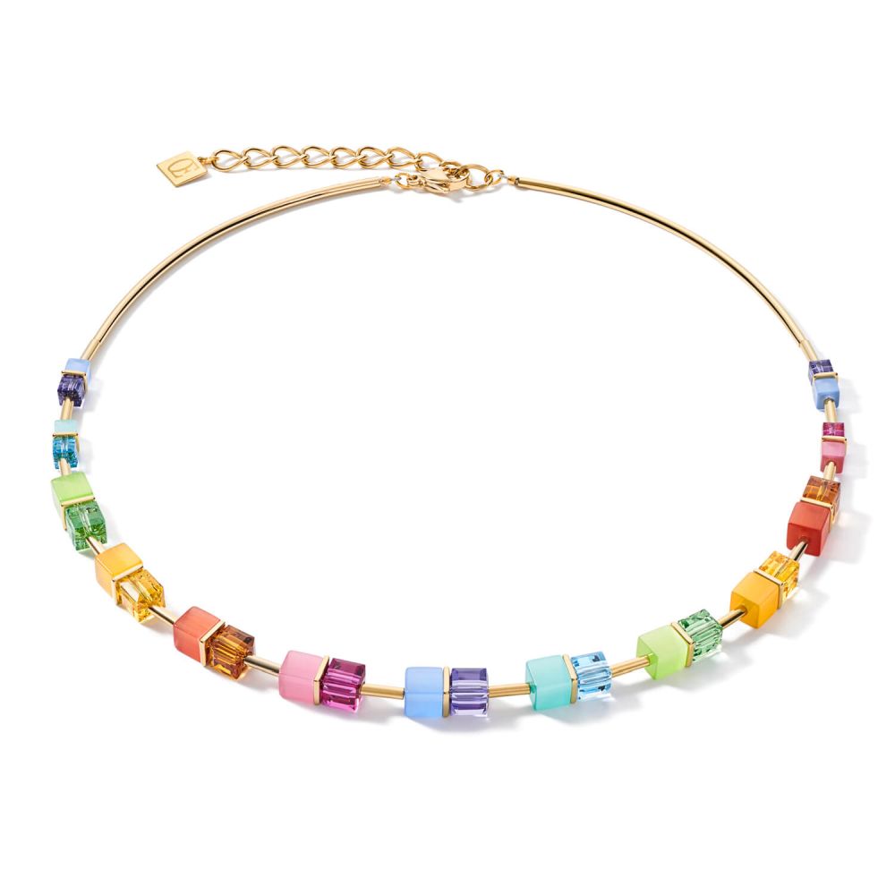 Multicolour Rainbow-Gold Geo Cube Necklace