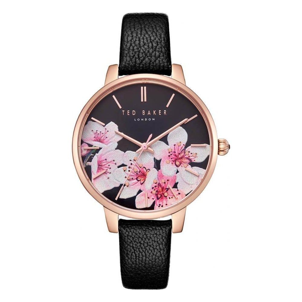 Rose Gold Tone Case & Black Dial With Black Leather Strap Ladies Watch