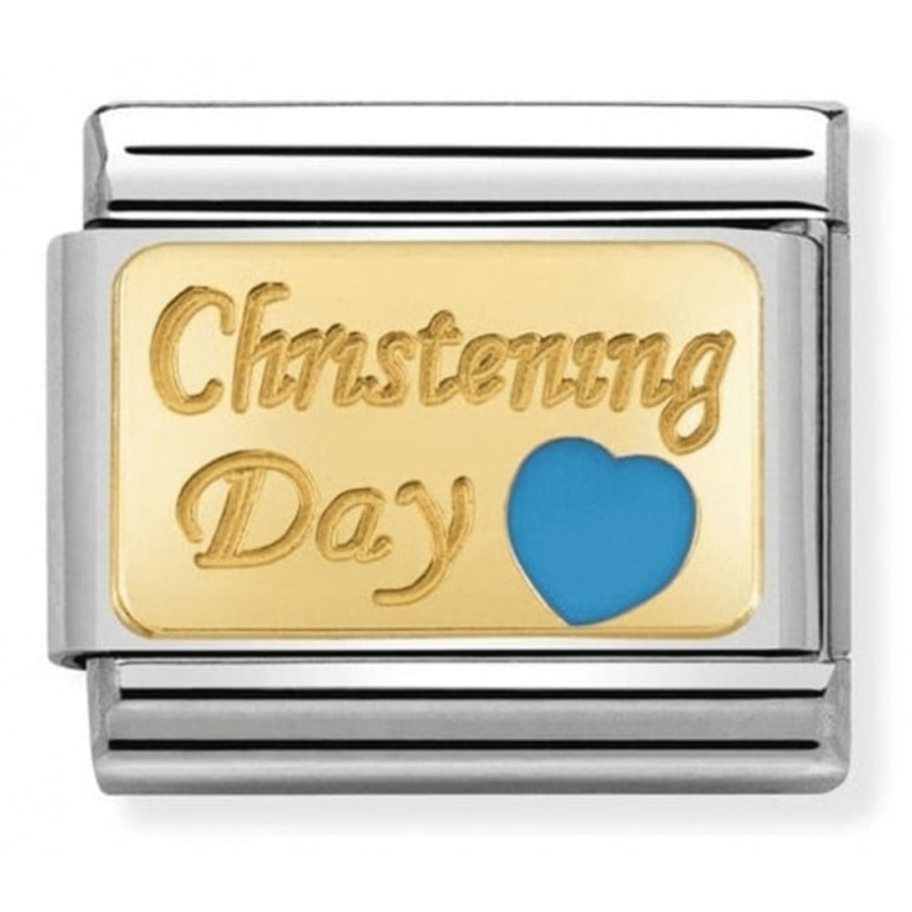 Composable Classic Light Blue Christening Day Stainless Steel Charm With Enamel And 18k Gold