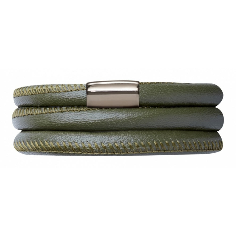 Triple Stainless Steel Green Leather Bracelet