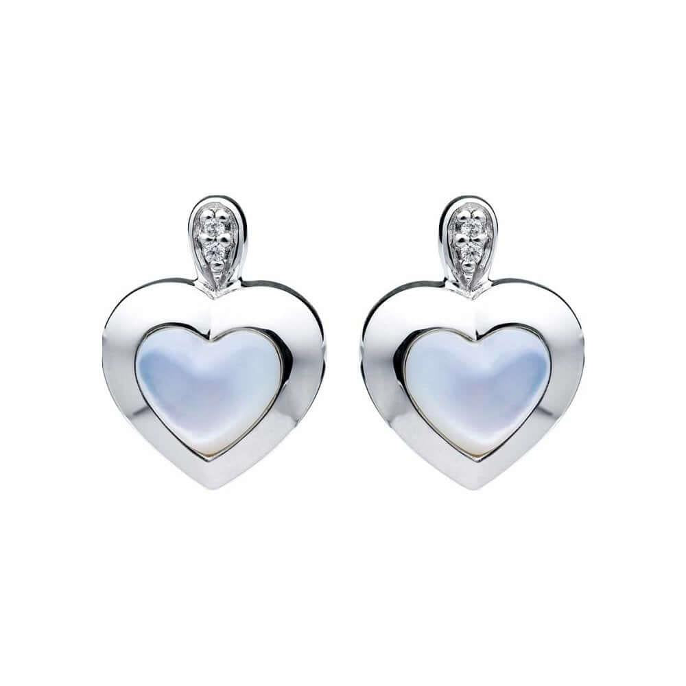 Silver MOP Heart & CZ Stud Earrings With Rhodium Plating