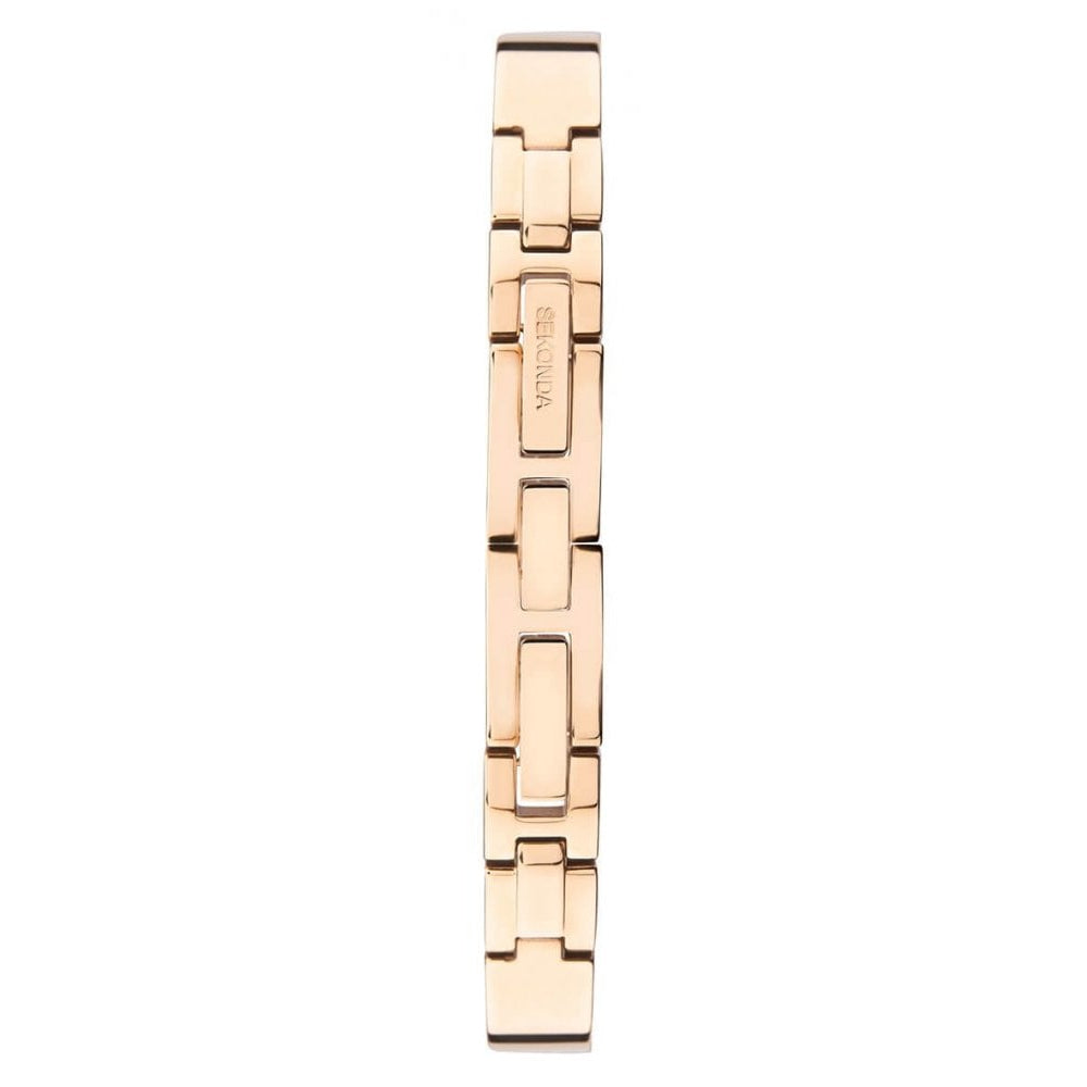 Rose Gold Plated Bracelet & Rectangular Case With Black Stone Set Dial Ladies Watch